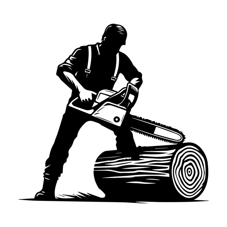 Vector vector illustration of a lumberjack cutting a log with chainsaw in black and white
