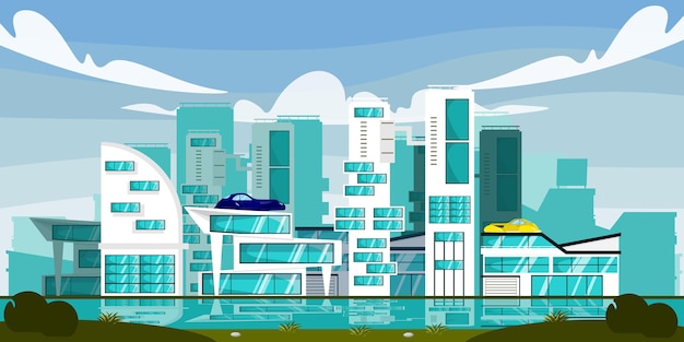 Vector illustration of a modern futuristic city Cartoon urban landscape with future new buildings flying cars on the river bank