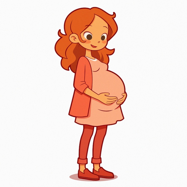 Vector vector illustration of a pregnant woman in red dress rustic fantasy setting
