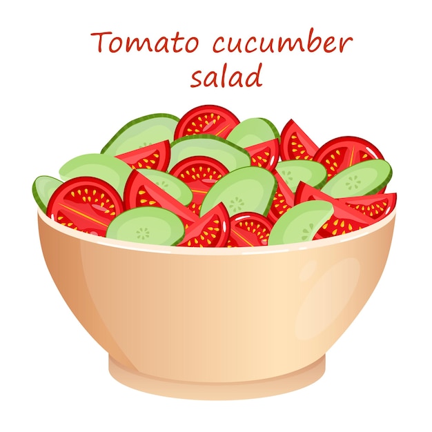 vector illustration of a salad of cucumbers and tomatoes in a beige plate