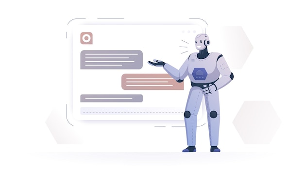 Vector illustration of a teacher robot pointing with mechanical hands at a screen with a picture