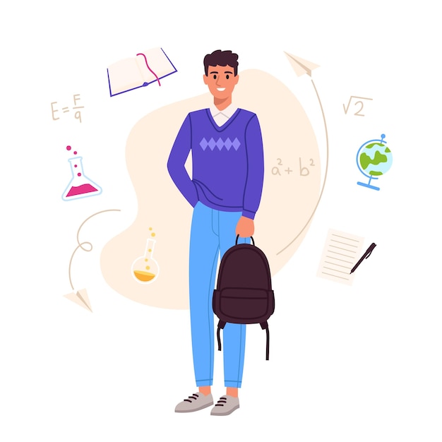 Vector illustration of a teenager studying Cartoon scene of a slender guy with a briefcasedressed in a shirtvest pants sneakers Math formulas a book chemical flasks a globe a pen with notes