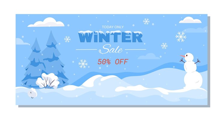Vector vector illustration of a winter sale banner featuring a snowy landscape with pine trees a snowman