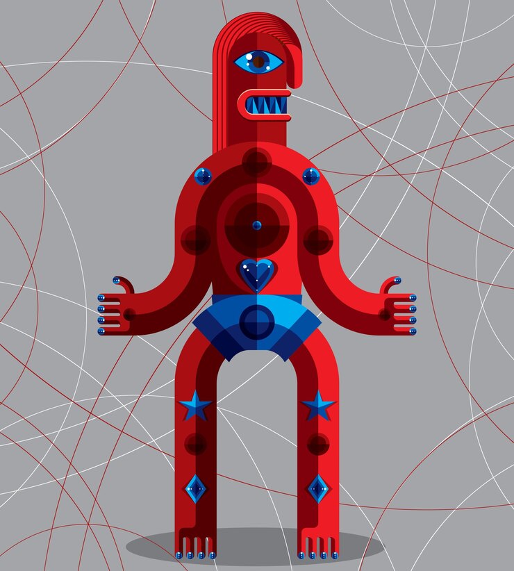 Vector vector illustration of bizarre modernistic avatar, cubism theme vivid picture. colorful drawing of spiritual totem, fantastic shaman isolated on decorative background.