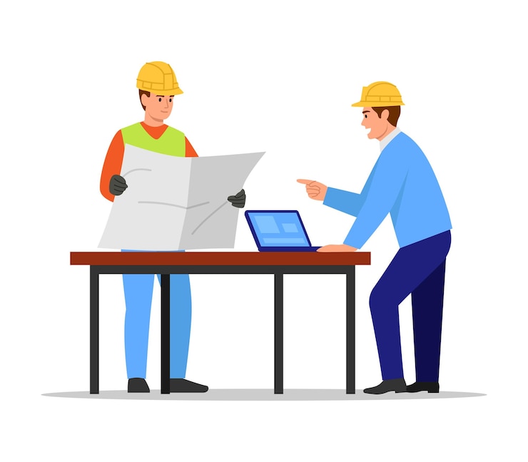 Vector vector illustration of builders discussing construction plans isolated on white backgroundcartoon scene of builders in yellow protective helmets holding a construction planat a table with a laptop