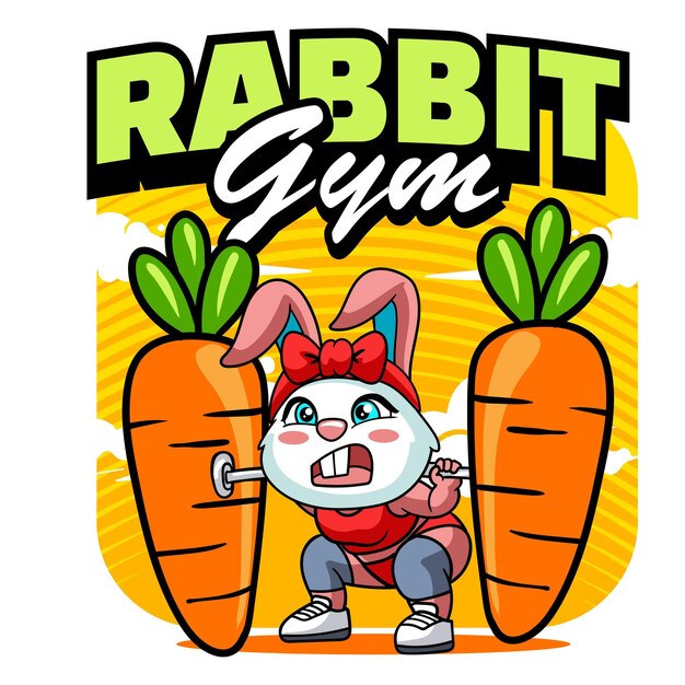 Vector Illustration of Bunny Lifting A Carrot As A Barbell with Retro Mascot Illustration