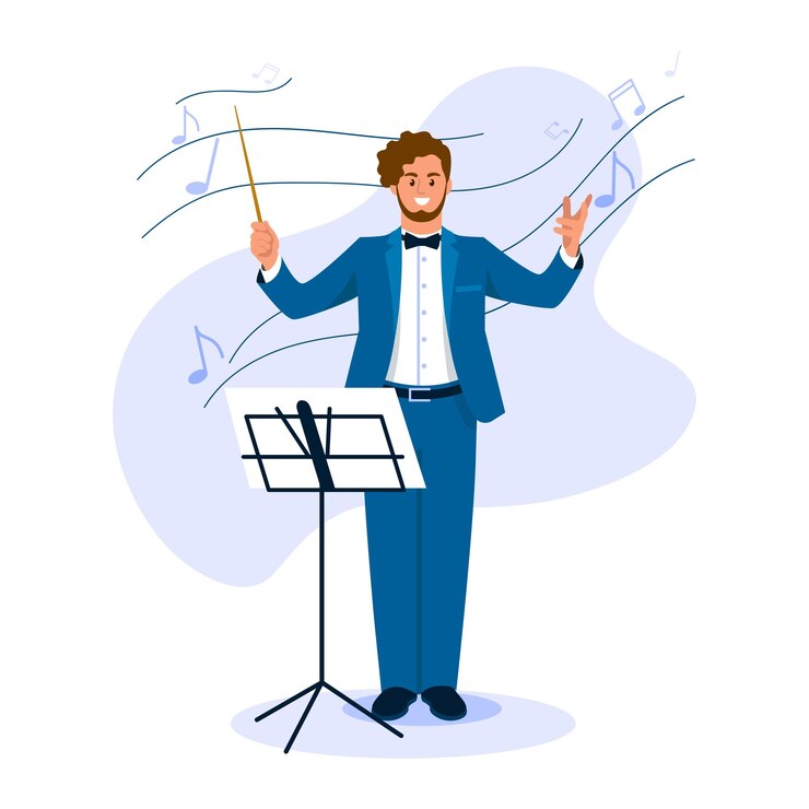 Vector vector illustration of conductor cartoon scene with a boy who sets the beat of melody and notes fly around him on white background