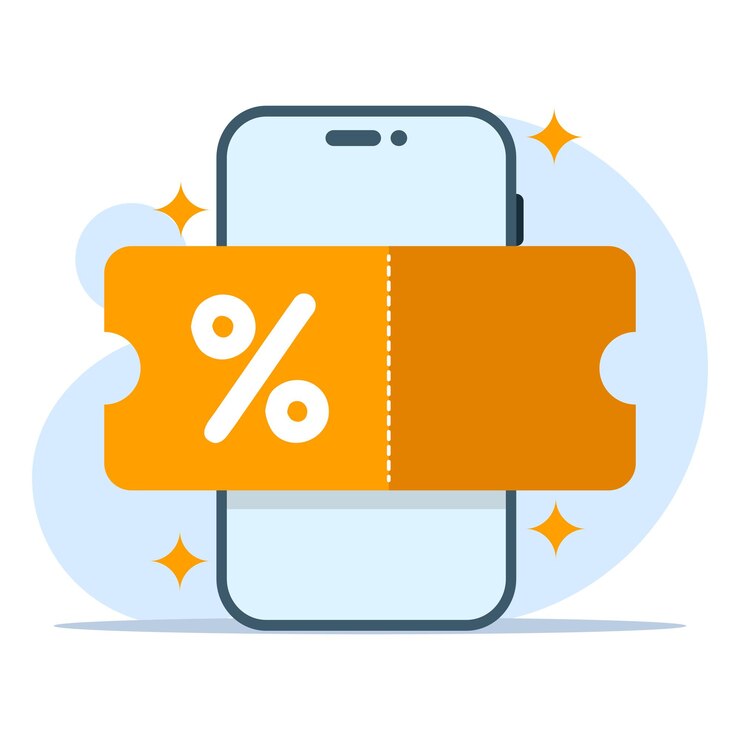 Vector vector illustration of digital voucher concept on smart phone screen or coin money