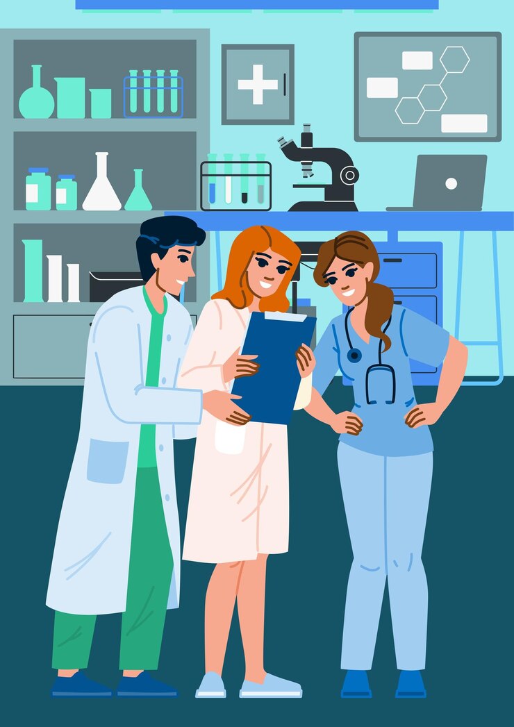 Vector vector illustration of doctor and nurse helping patient checking examination results