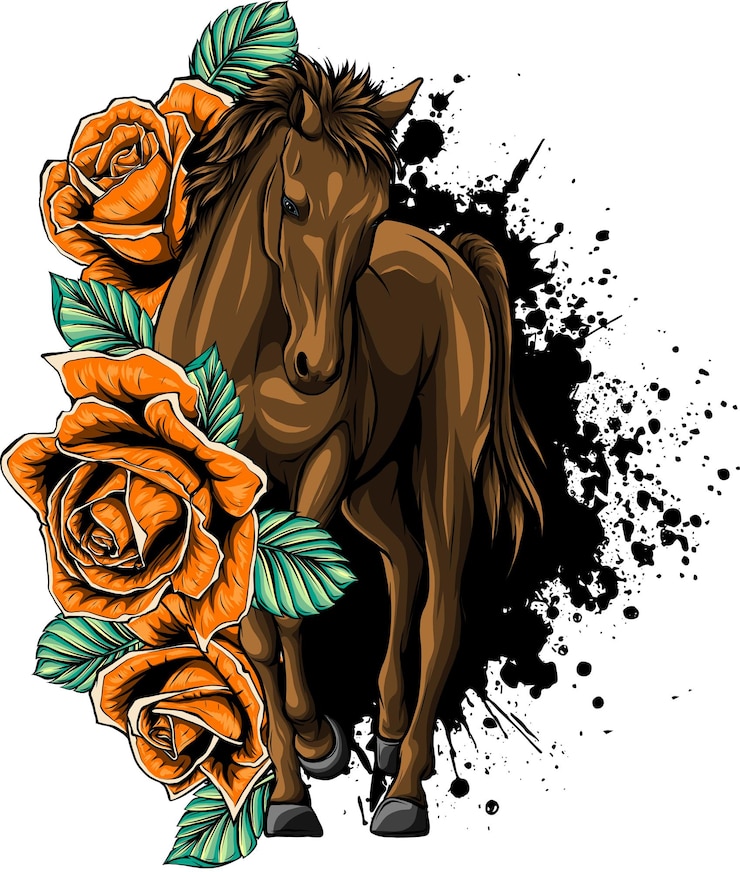 Vector vector illustration of horse with red rose