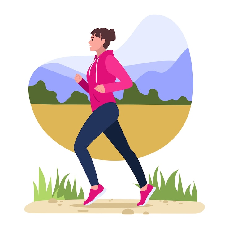 Vector vector illustration of jogging cartoon scene with a girl who goes in for sports outdoors and runs across the field on white background