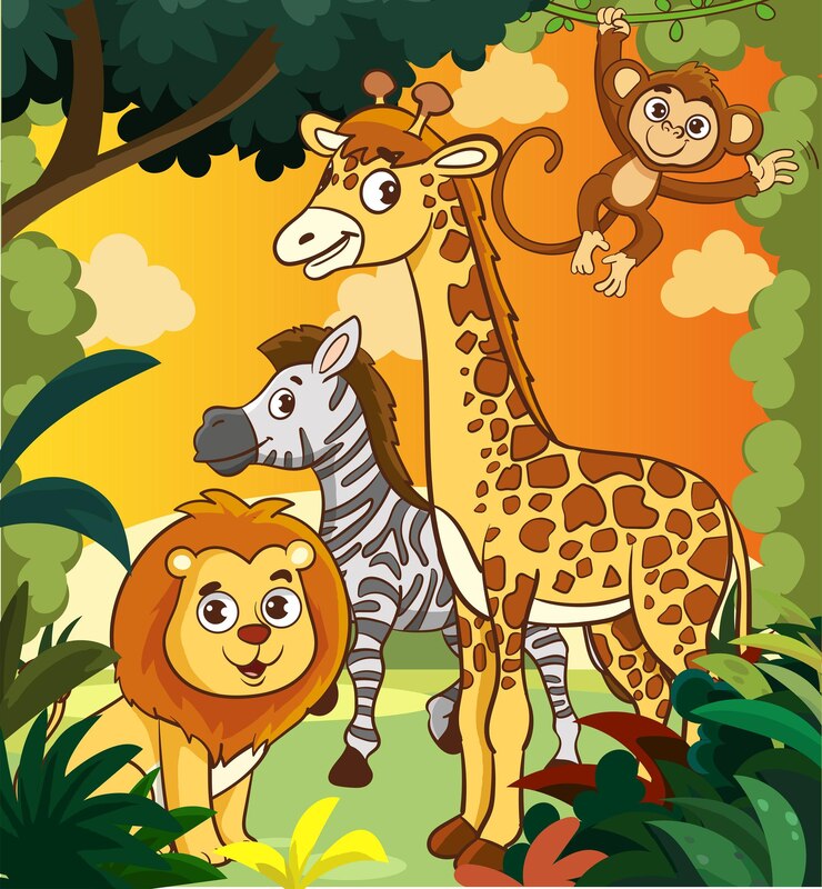 Vector vector illustration of jungle landscape with cute african animals large set of animals