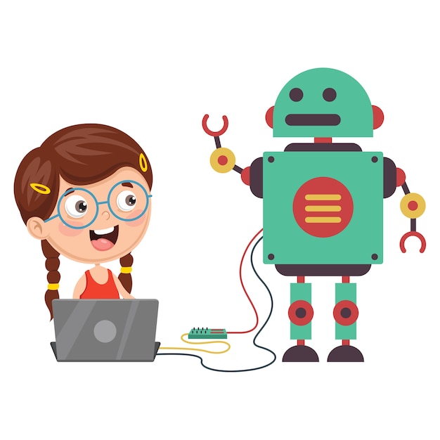 vector illustration of kid programming robot