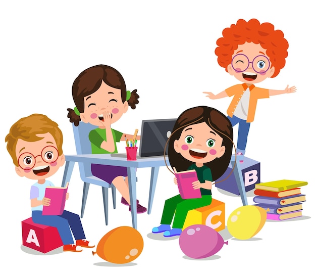 vector illustration of kids with computer and with a friend