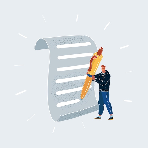 vector illustration of man hand signing contract big pan and tiny character on white background