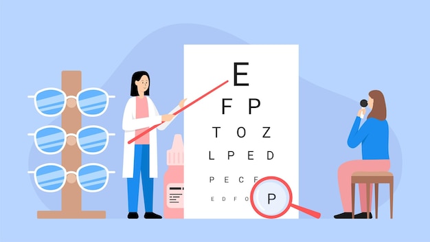 Vector illustration of oculist Cartoon scene with an ophthalmologist who checks women sign with letters and recommends glasses and eye drops