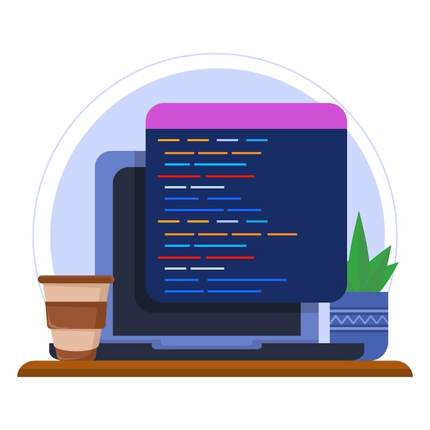 vector illustration of professional programmer workbench setup concept with open project on monitor