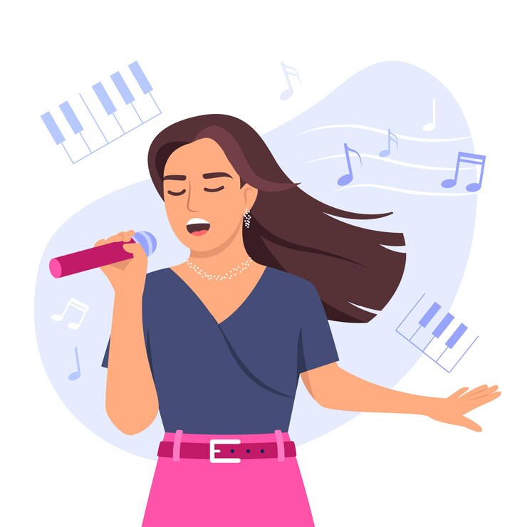 Vector vector illustration of singers cartoon scene with a girl who sings and melodies fly around her on white background