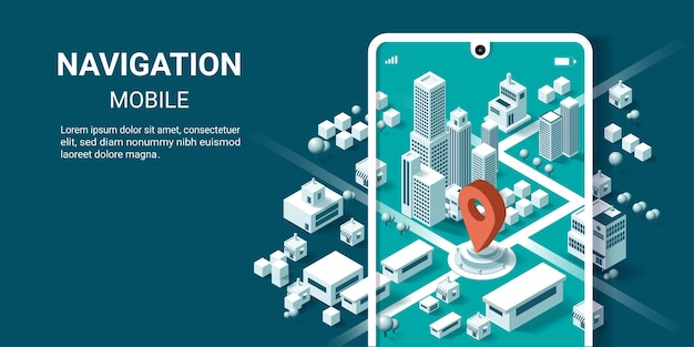 Vector illustration of smartphone with mobile navigation app on screen City isometric plan with road and buildings GPS World Map Isometric smart city concept 3d vector illustration