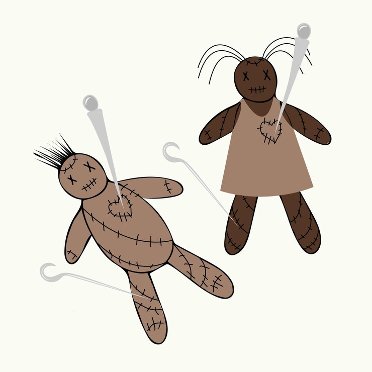 Vector vector illustration of two handdrawn voodoo dolls that were pierced with pins a mans voodoo doll a womans voodoo doll