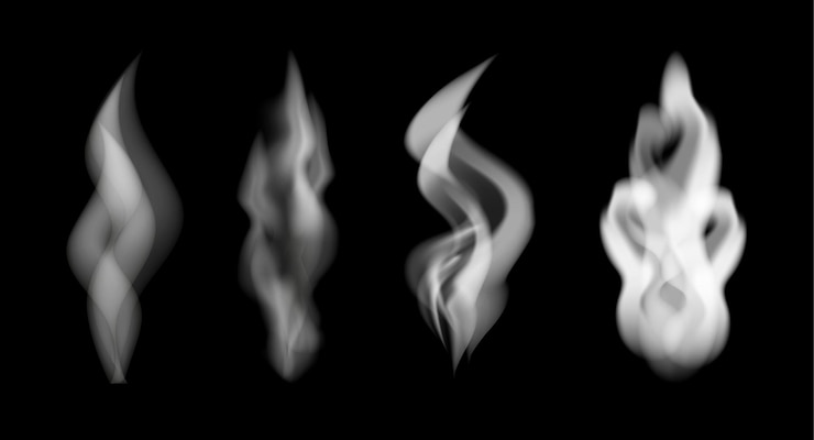 Vector vector illustration of white smoke set isolated on black background transparent effect