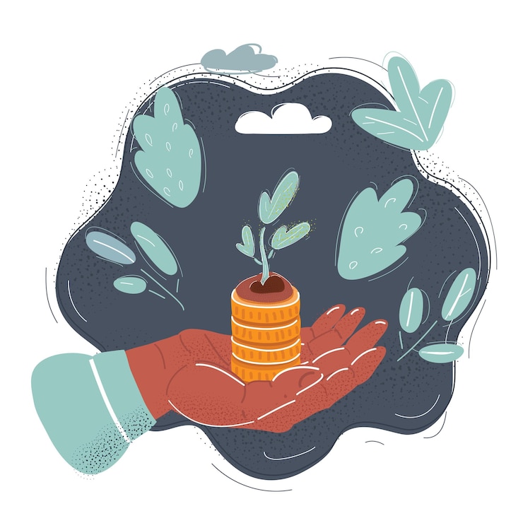 Vector vector illustration of woman stacks coins in human hand save money for the future