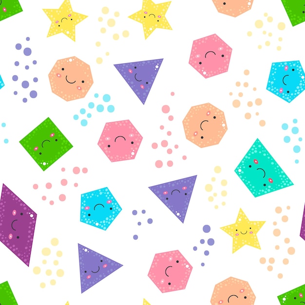 Vector illustration. Seamless pattern cute geometric figures for kids. Isolated shapes and color circles on white background for children.