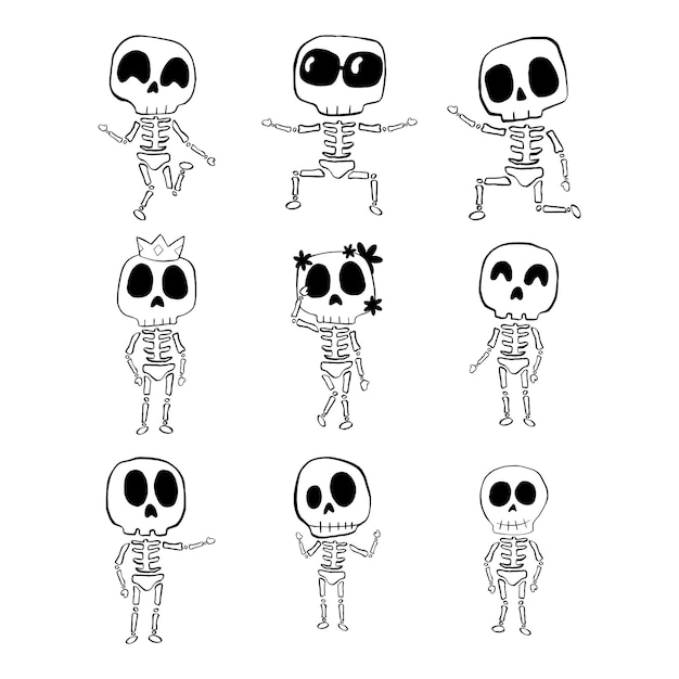 Vector illustration set of Halloween Skeleton cartoon line on white background