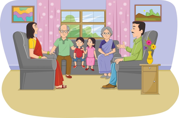 Vector vector illustration showing grandparents, parents and children in a joint family