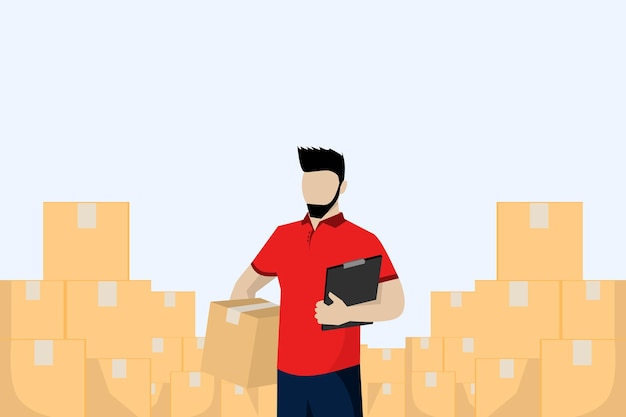 vector illustration Warehouse worker working in warehouse with boxes