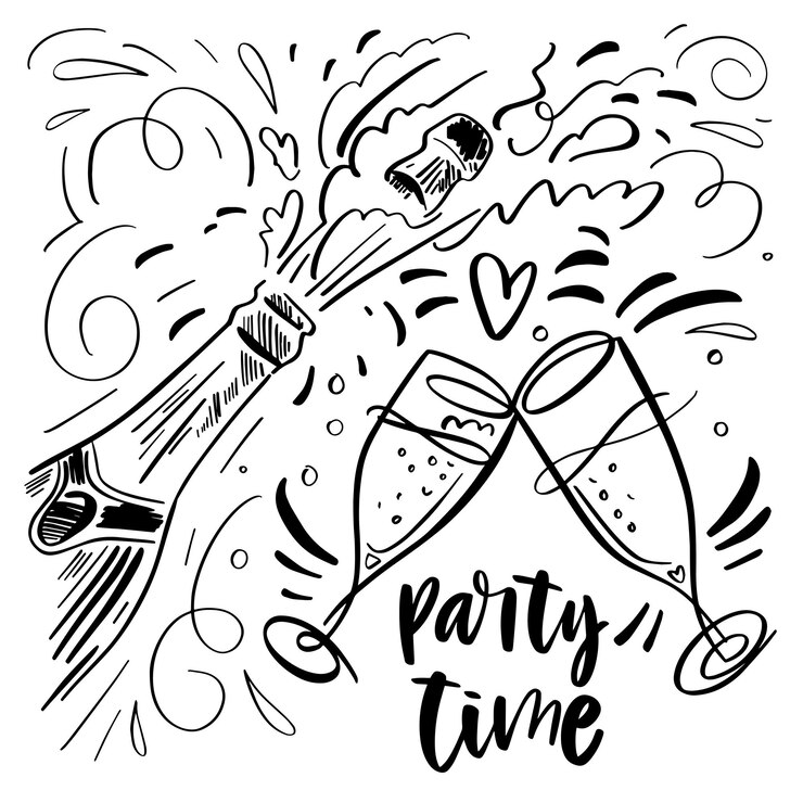 Vector illustration with hand lettering Party time with bottle and glasses