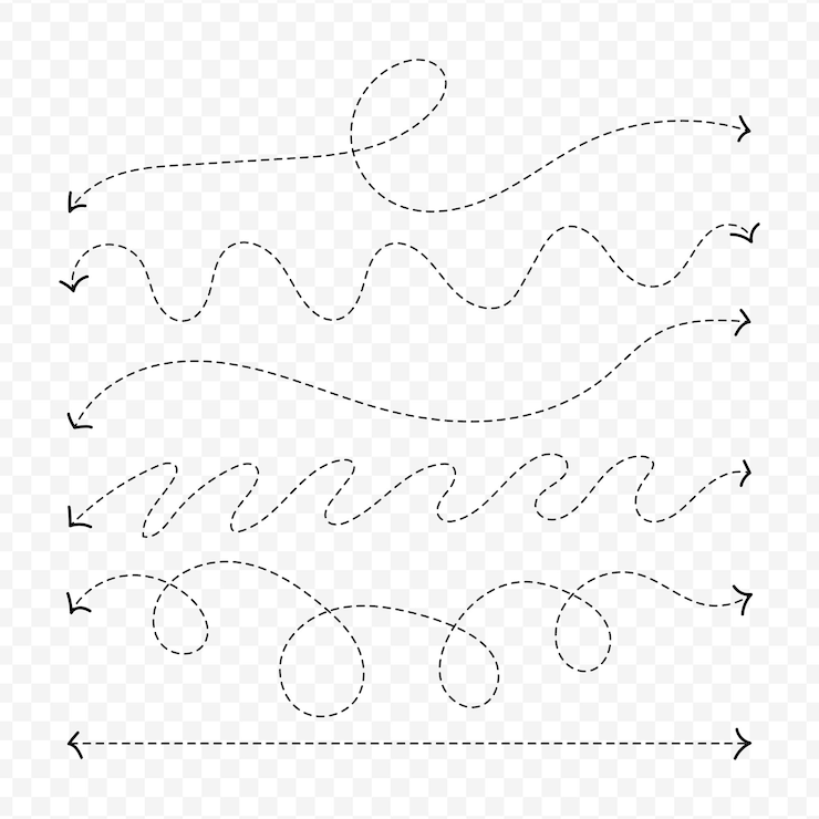 Vector vector isolated dotted curly arrows set on a transparent background