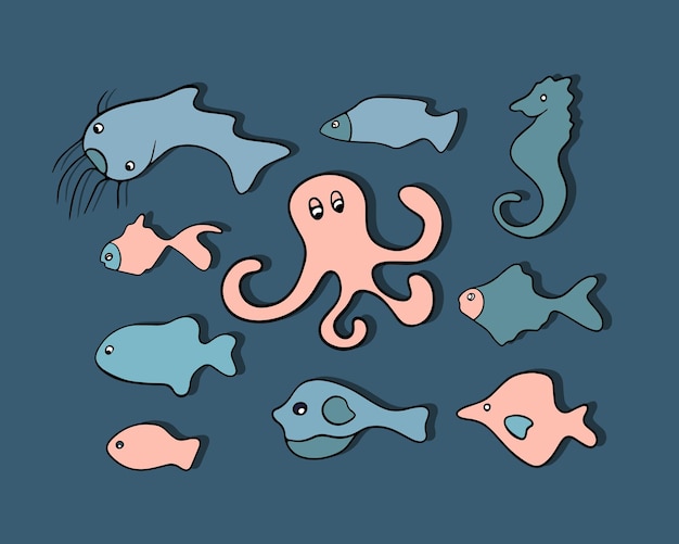 Vector isolated illustration of a set of fishes and sea creatures