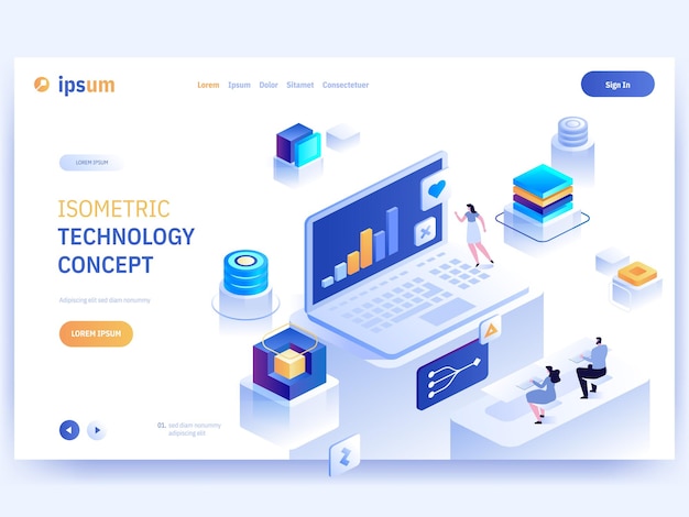 vector landing page of isometric technology concept abstract futuristic office developers work on laptops manager analyzes statistics optimizes process development program character illustration