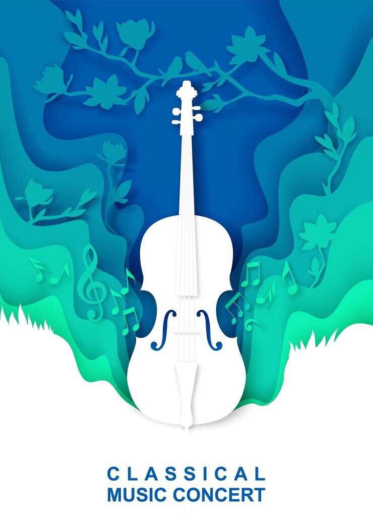 Vector vector layered paper cut style creative musical background with violin musical instrument music notes birds classical music concert vintage composition for poster banner flyer invitation