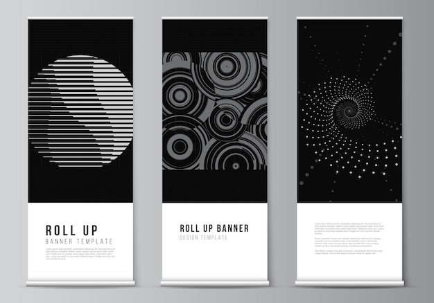 vector layout of roll up mockup templates for vertical flyers flags design templates banner stands advertising abstract technology black color science background digital data high tech concept