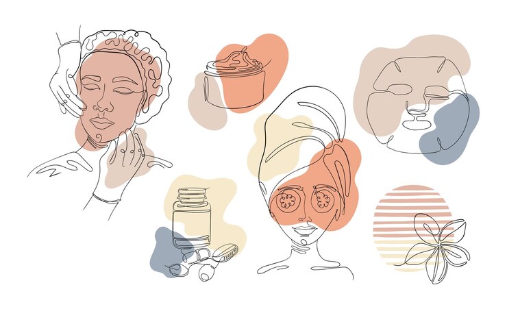 Vector vector linear art illustration of woman face care procedures, cosmetic masks, injections, cream. women's faces are drawn with lines, beauty and health of the skin