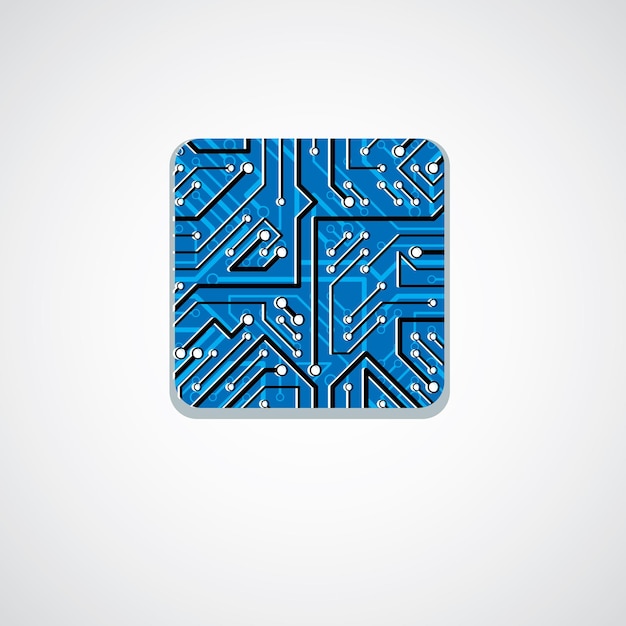 Vector microchip design, cpu. Information communication technology blue element, circuit board in the shape of square.
