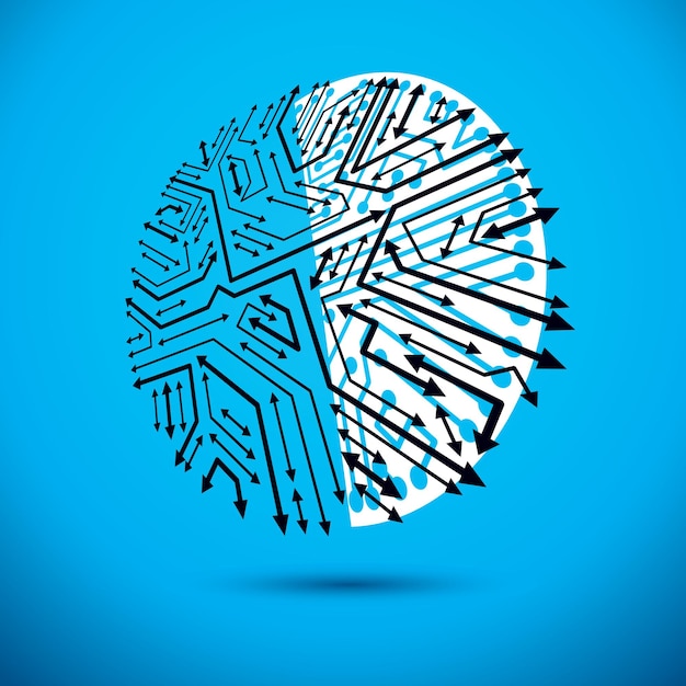 Vector microchip design, cpu. Information communication technology element, circuit board in round shape with arrows.