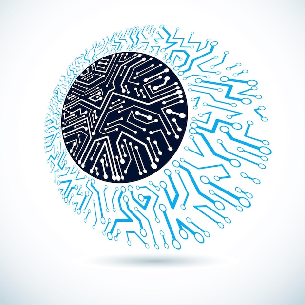 Vector microchip design, cpu. Information communication technology element, circuit board in round shape.