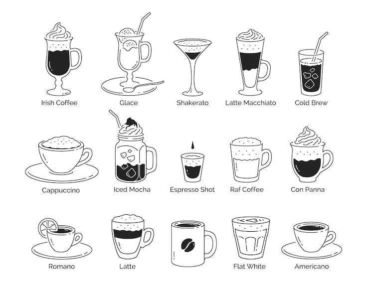 Vector vector minimalistic line art illustration set of coffee cups isolated on white background