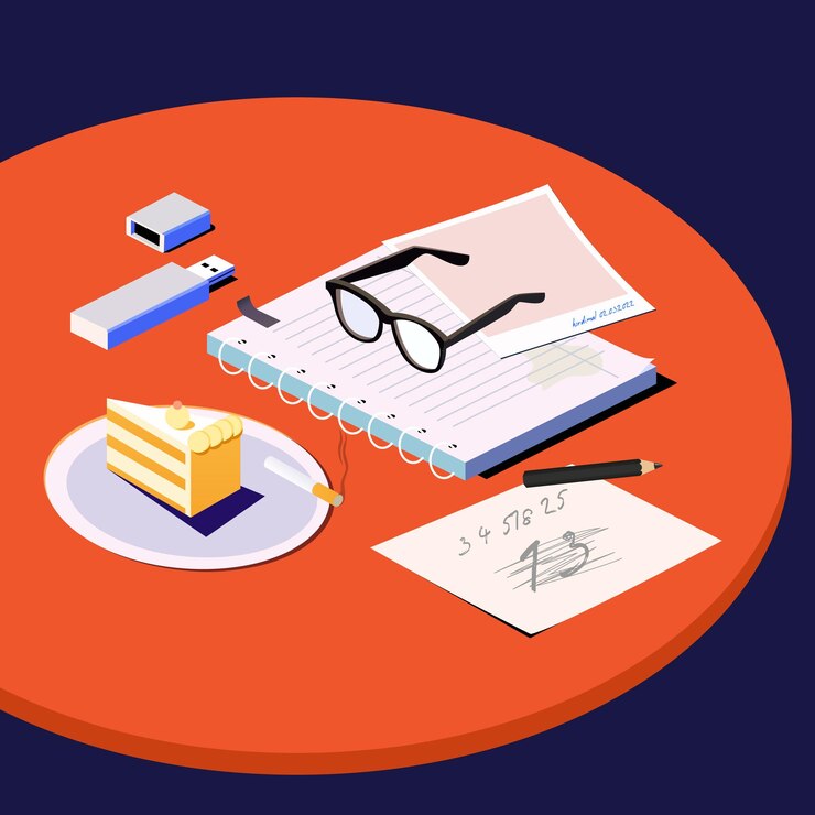 vector modernday Workplace illustration scene red table with a paper cake and pencil