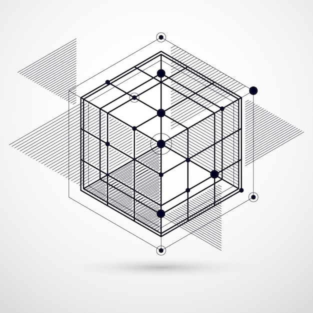 Vector of abstract geometric 3D cube pattern and black and white background. Layout of cubes, hexagons, squares, rectangles and different abstract elements.