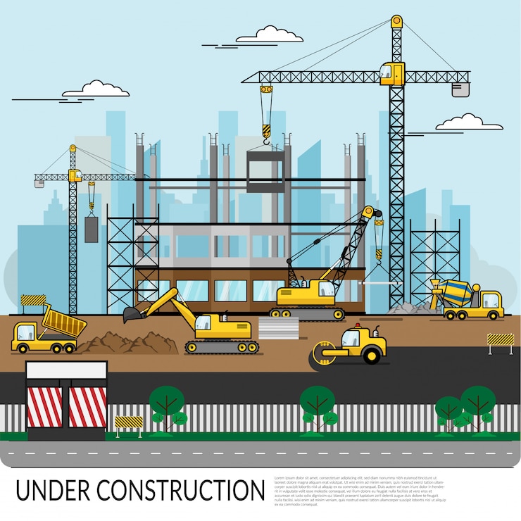 Vector vector of busy construction site with workers 