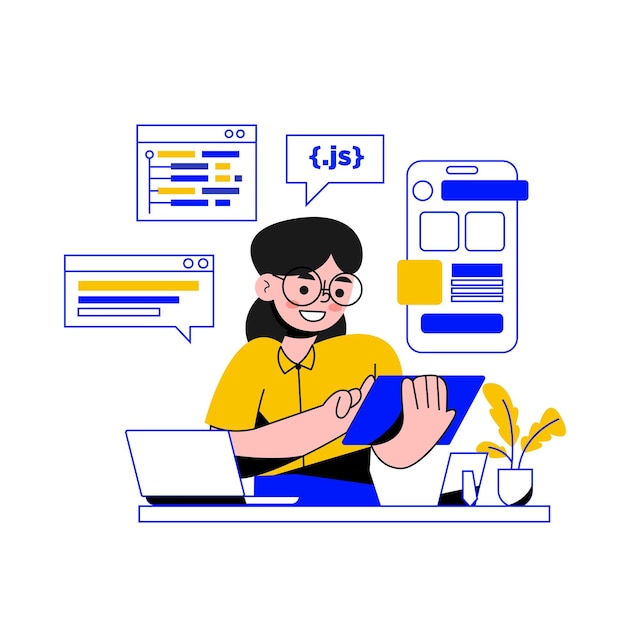 Vector of developer woman developing program using ipad or research for develop ui ux program