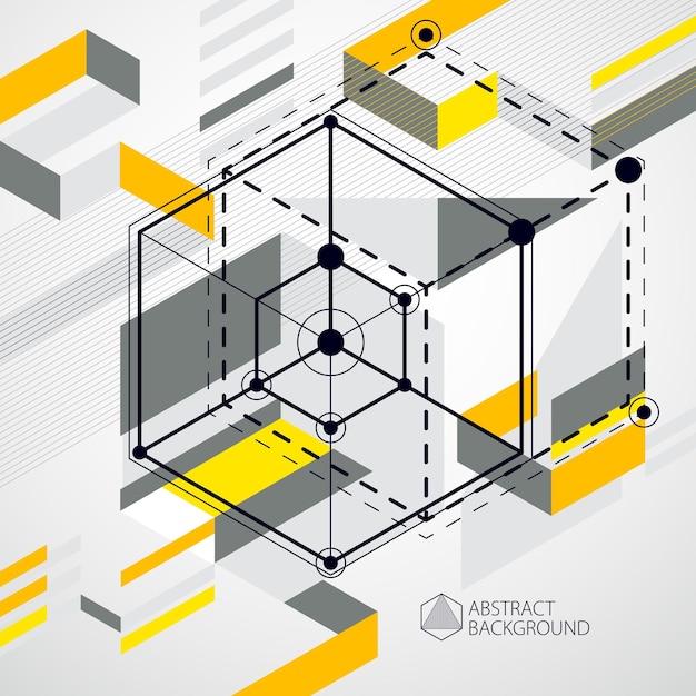 Vector of modern abstract cubic lattice lines yellow background. Layout of cubes, hexagons, squares, rectangles and different abstract elements. Abstract technical 3D background.