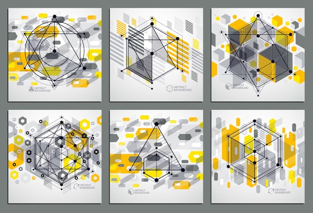 vector of modern abstract cubic lattice lines yellow backgrounds set. layout of cubes, hexagons, squares, rectangles and different abstract elements. abstract technical 3d background.