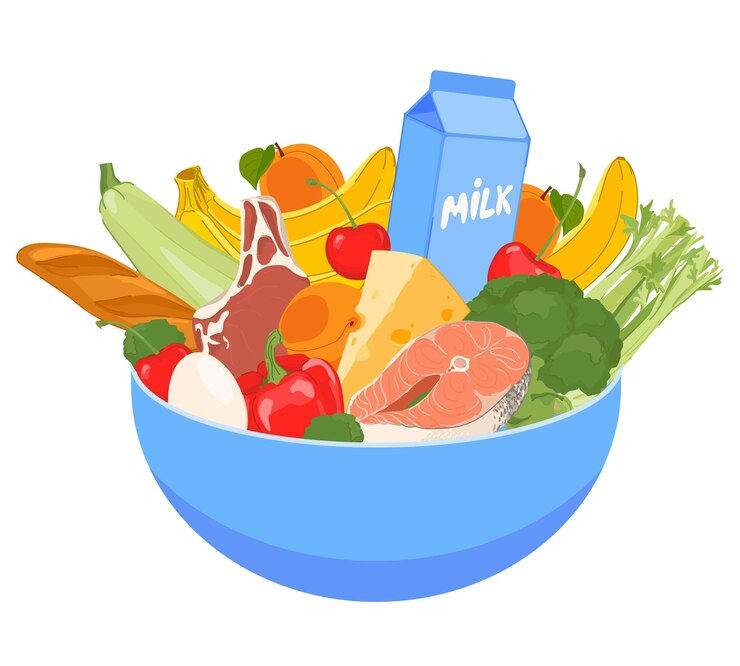Vector vector plate with healthy food vector illustration food in flat style vegetables fruits meat fish bread milk cheese eggs in blue bowl