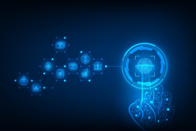 Vector pointing wireframe hand scan fingerprint cyber security internet banking concept