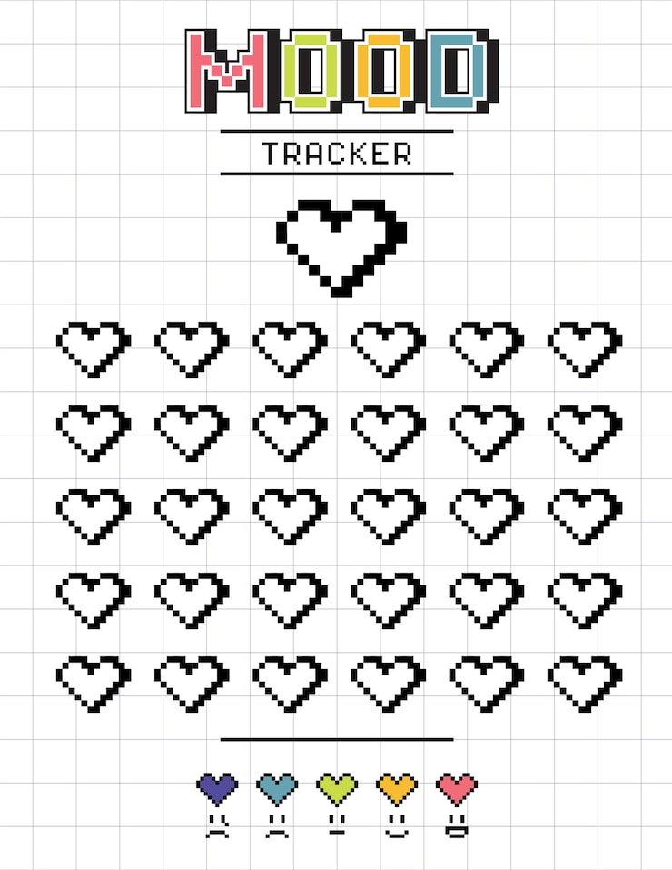 Vector vector printable pixel heart mood tracker